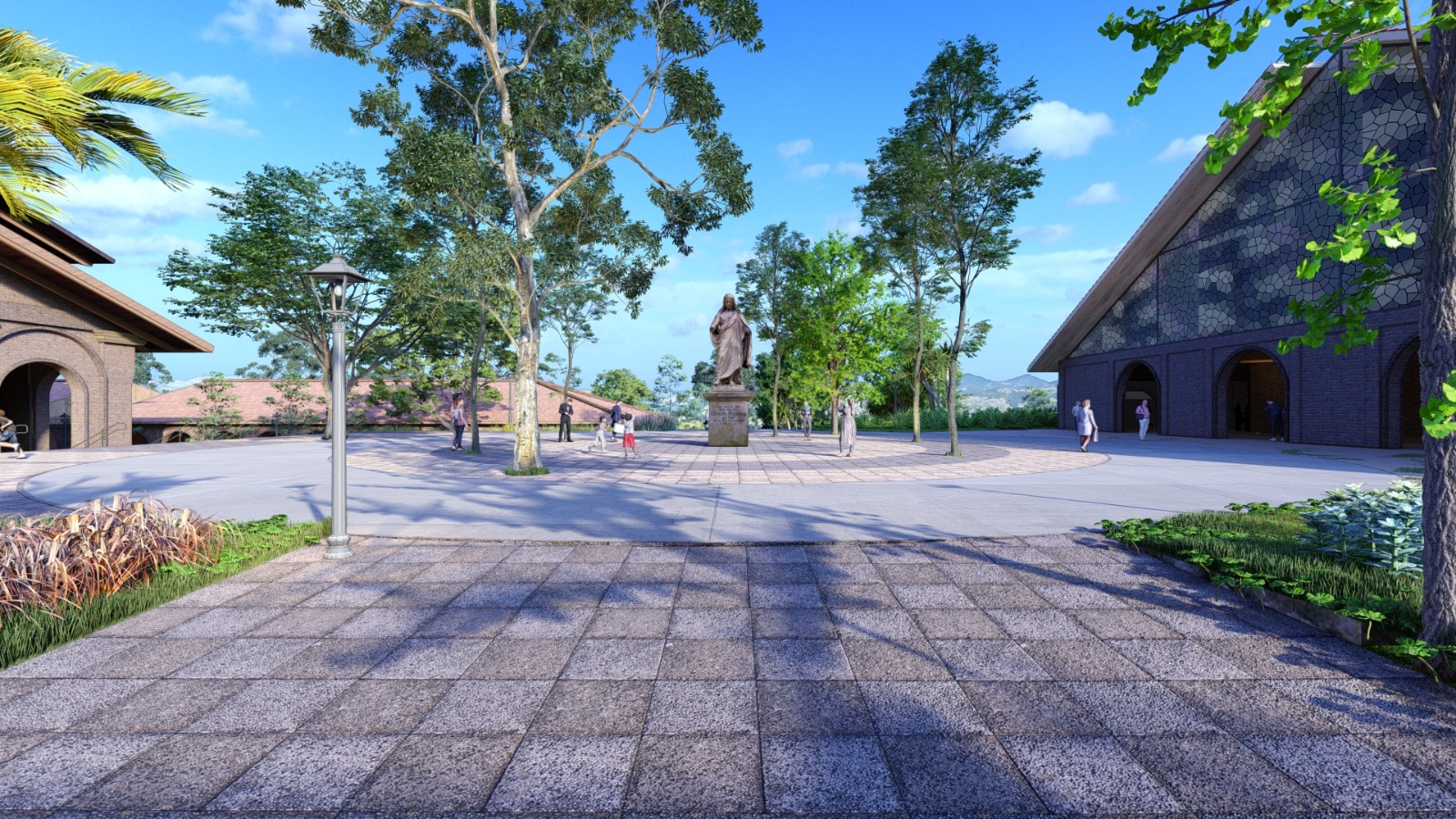 Praça central com imagem do Sagrado Coração de Jesus entre a capela e o rincão