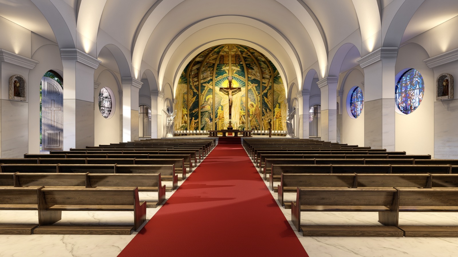 Nave central da capela com o mosaico do presbitério