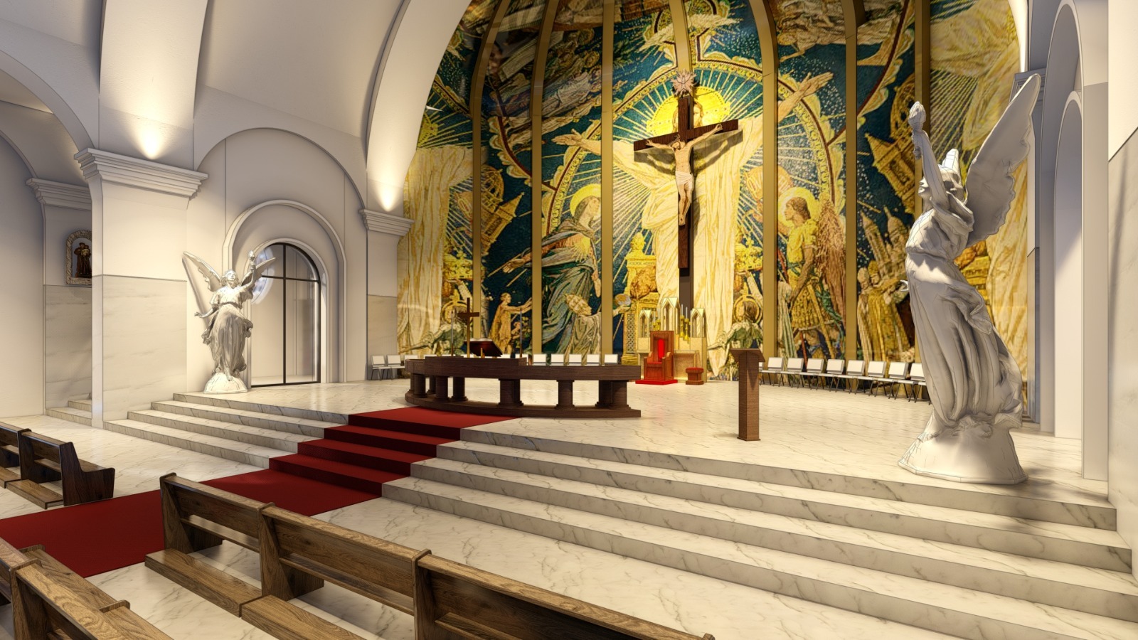 Altar e mosaico do presbitério da capela