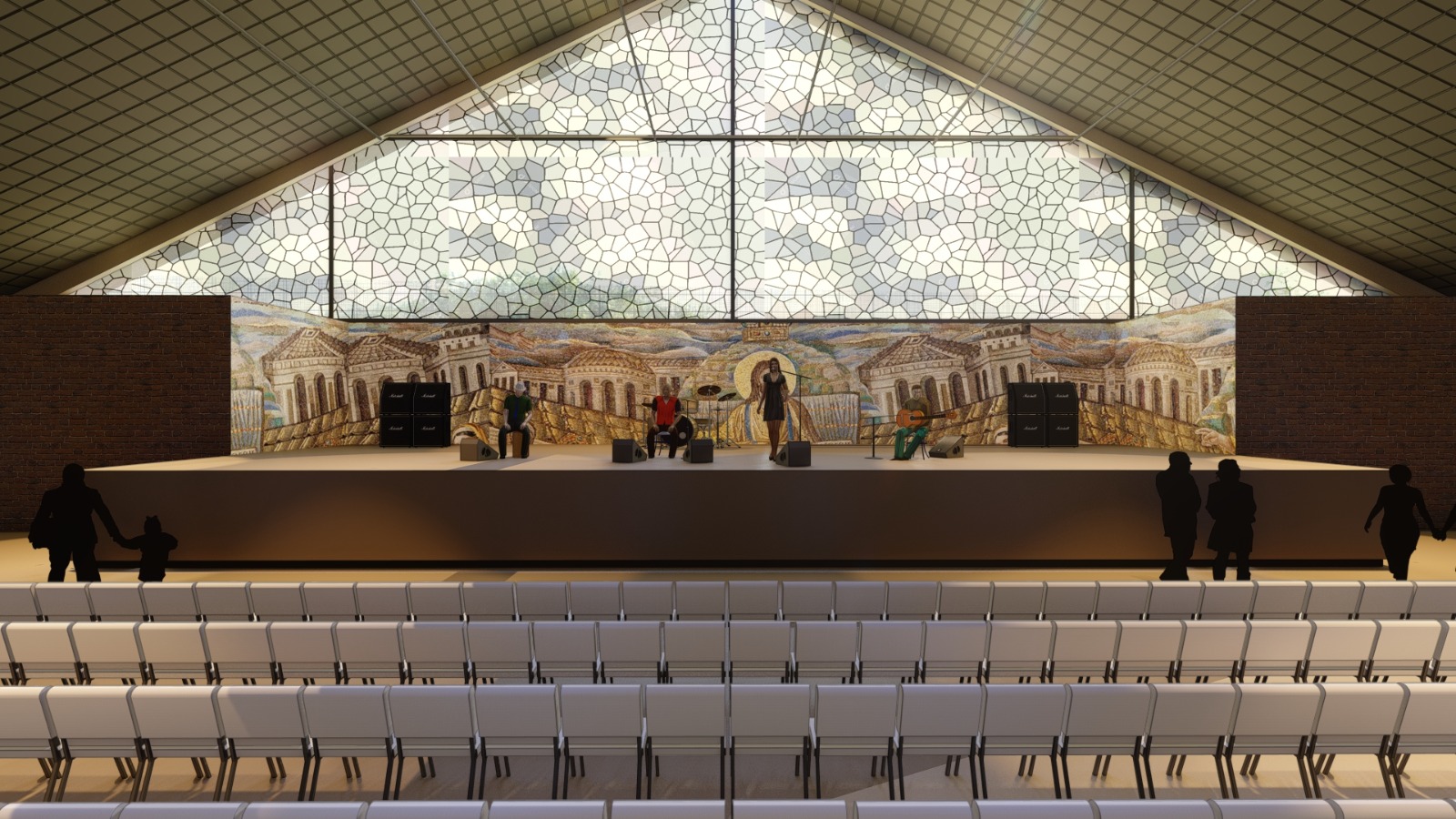 Palco do Rincão com mosaico e vitral ao fundo