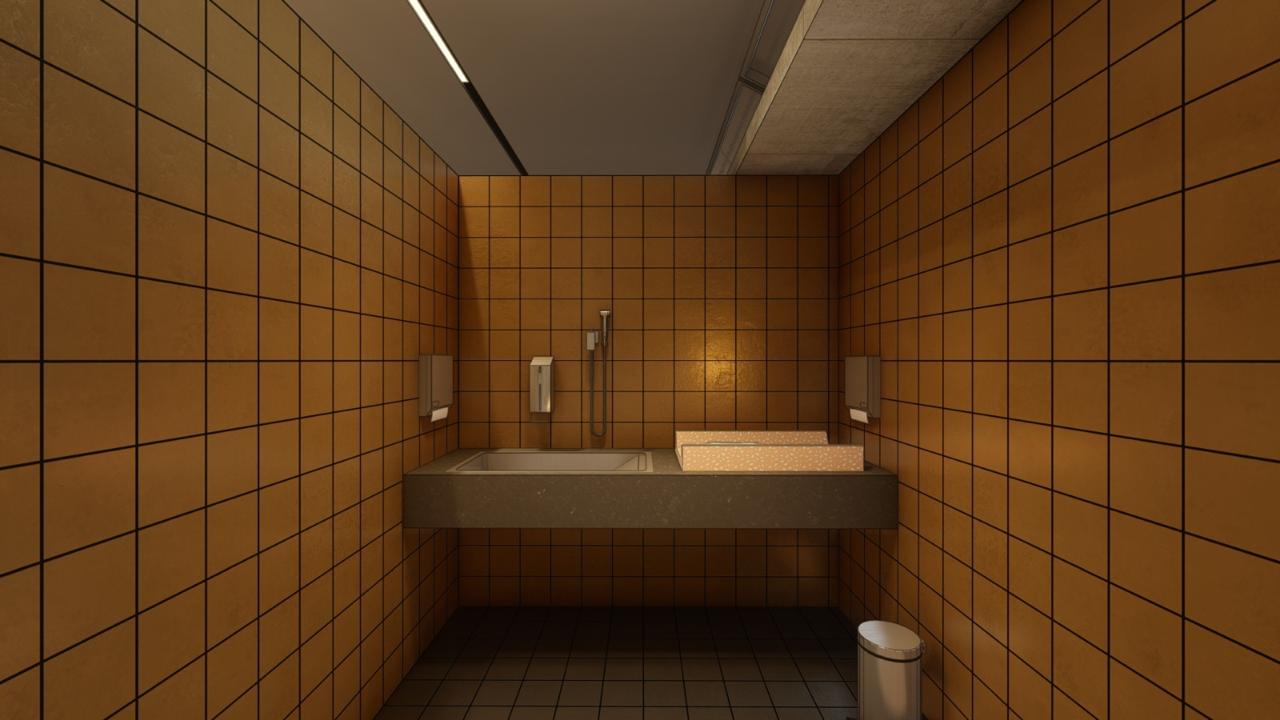 Banheiro acessível revestido em cerâmica com bancada e ducha manual