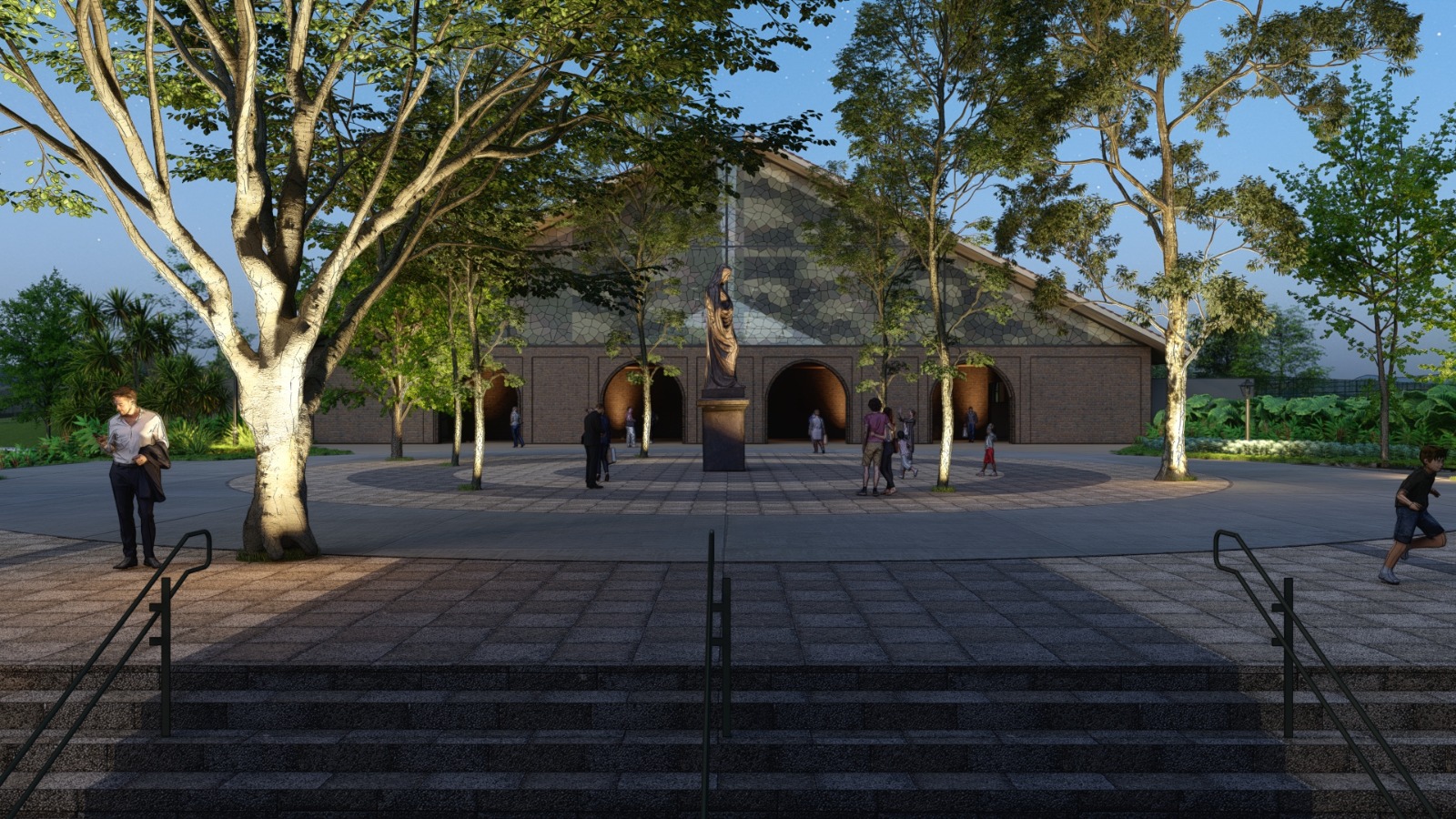 Praça de acesso ao Rincão ao entardecer, com a imagem de Santa Teresinha