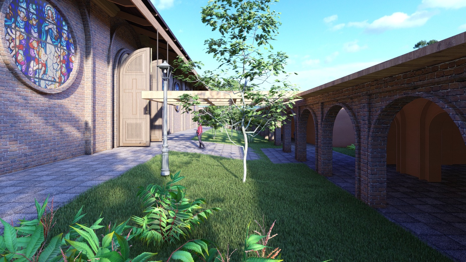 Jardim interno entre a capela e a galeria em arcos das acomodações